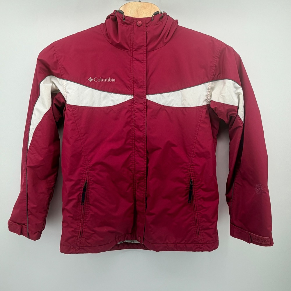 Columbia Jacket Women Large Burgundy White Hooded Full Zip Outdoor Sporty Coat